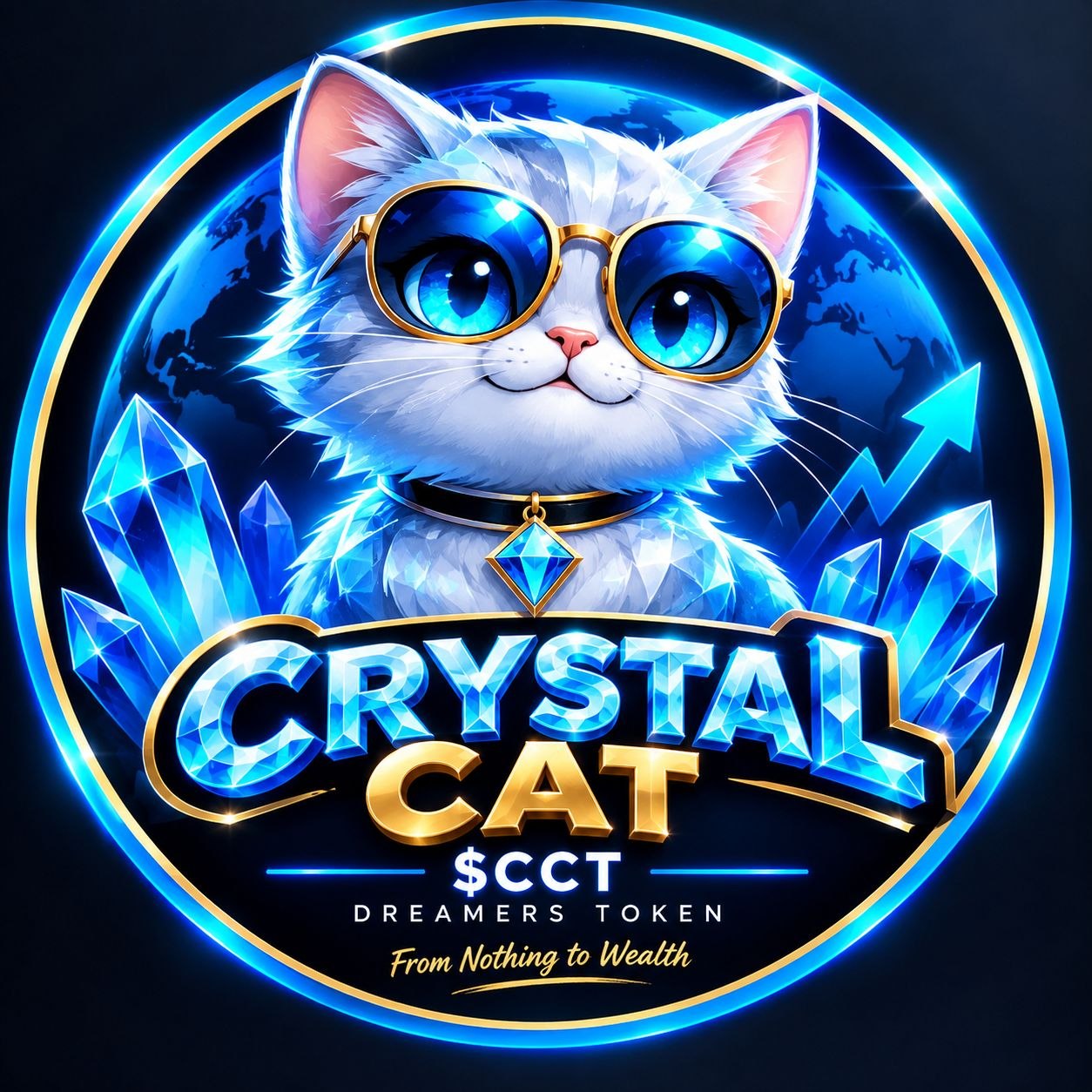 Crystal Cat mascot — a crystalline blue cat wearing gold sunglasses